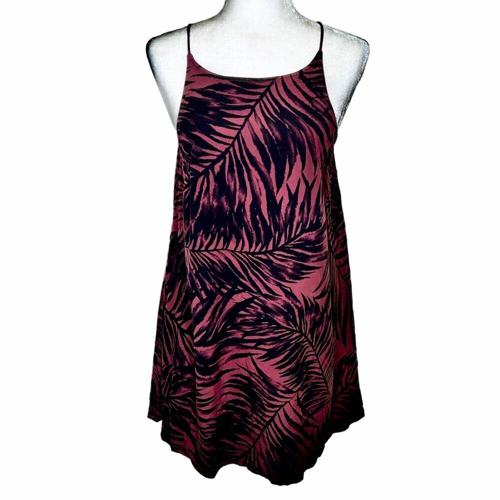 Vans Fern Print Wine and Black High Neck Spaghetti Strap Mini Swing Dress